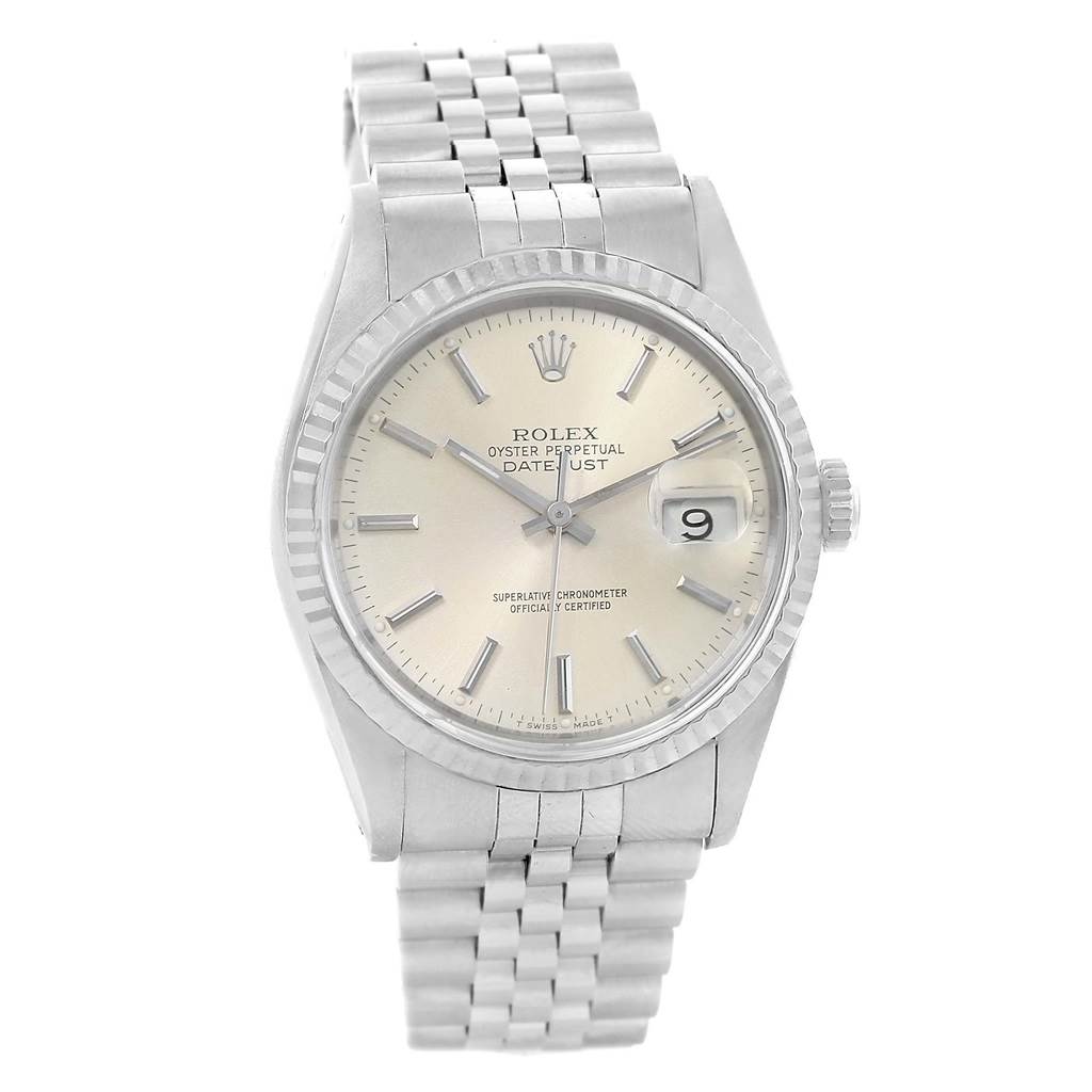 This image shows a frontal view of a Rolex Datejust 16234 Men's Stainless Steel Silver Dial 16234 Men's Stainless Steel Silver Dial, highlighting its face, bezel, crown, and jubilee bracelet.