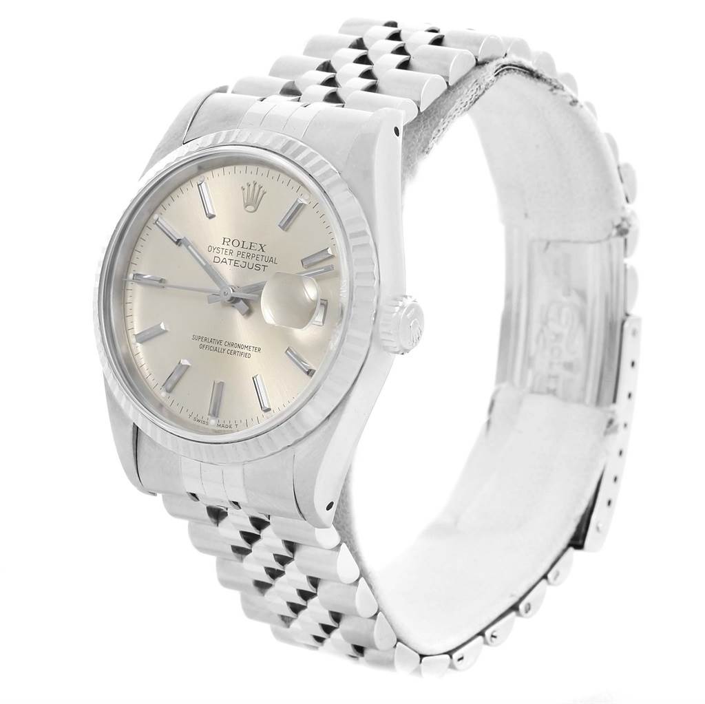 The image shows a Rolex Datejust 16234 Men's Stainless Steel Silver Dial 16234 Men's Stainless Steel Silver Dial watch from a slight angle, highlighting the face, bezel, dial, and jubilee bracelet.