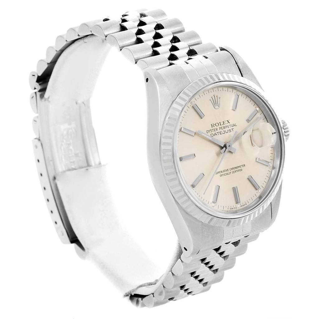The image shows the front and side view of a Rolex Datejust 16234 Men's Stainless Steel Silver Dial 16234 Men's Stainless Steel Silver Dial watch with its bracelet and face visible.