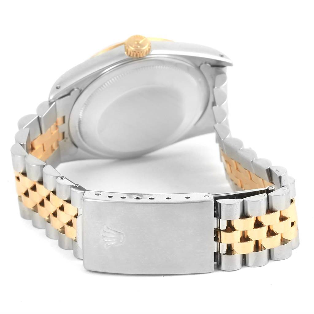 The image shows the back view of the Rolex Datejust 16233 Men's Steel and Gold (two tone) Champagne Dial 16233 Men's Steel and Gold (two tone) Champagne Dial watch, highlighting the case back, crown, and the jubilee bracelet with the clasp.