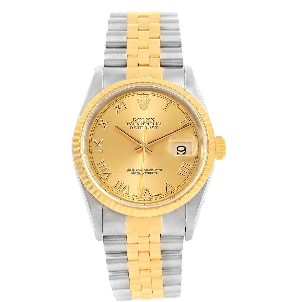 The Rolex Datejust 16233 Men's Steel and Gold (two tone) Champagne Dial 16233 Men's Steel and Gold (two tone) Champagne Dial watch is shown from a top-down angle, displaying its dial, bezel, and bracelet.