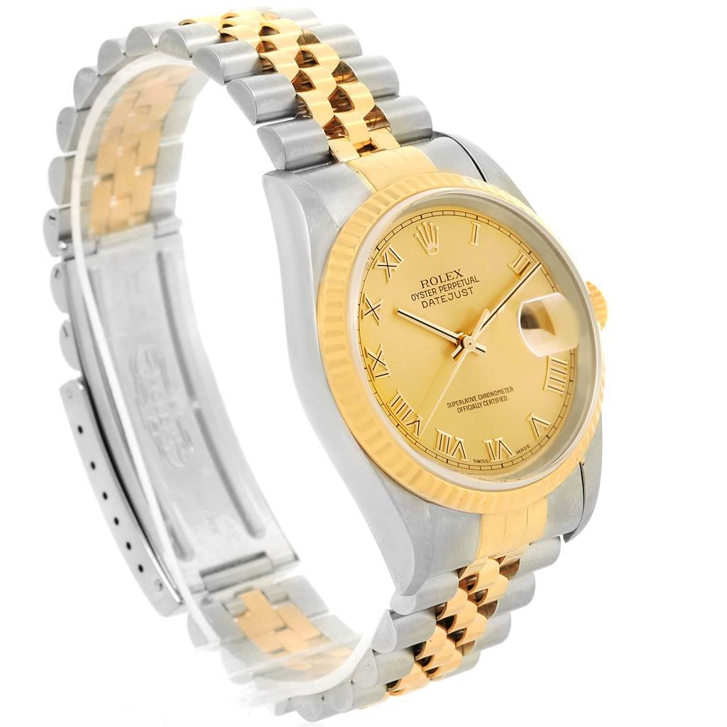 This image shows a Rolex Datejust 16233 Men's Steel and Gold (two tone) Champagne Dial 16233 Men's Steel and Gold (two tone) Champagne Dial watch at a three-quarter angle featuring its face, bezel, and two-tone Jubilee bracelet.