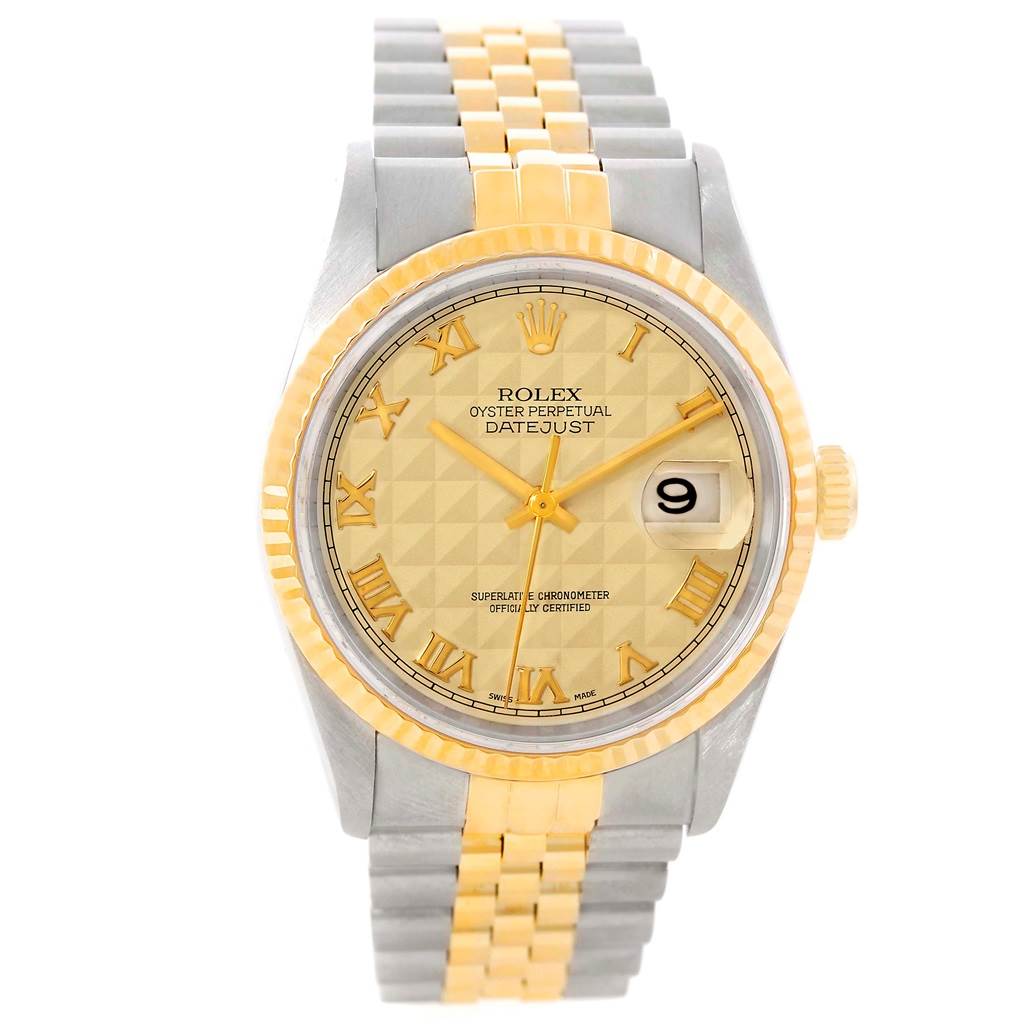 The image shows a front view of a Rolex Datejust 16233 Men's Steel and Gold (two tone) Beige Dial 16233 Men's Steel and Gold (two tone) Beige Dial watch, highlighting its gold and steel bracelet, gold bezel, and dial.