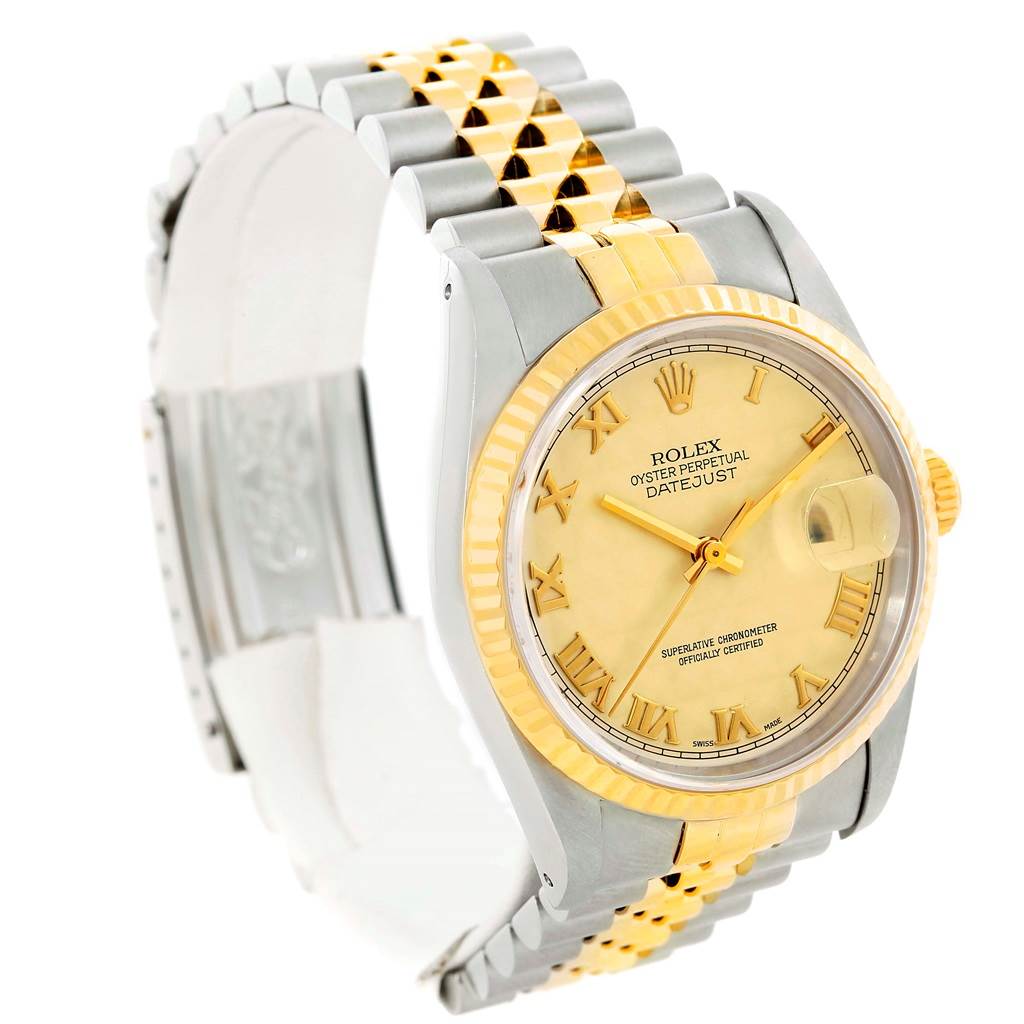 The Rolex Datejust 16233 Men's Steel and Gold (two tone) Beige Dial 16233 Men's Steel and Gold (two tone) Beige Dial watch is shown at a slight angle, highlighting the dial, bezel, case, and two-tone bracelet.