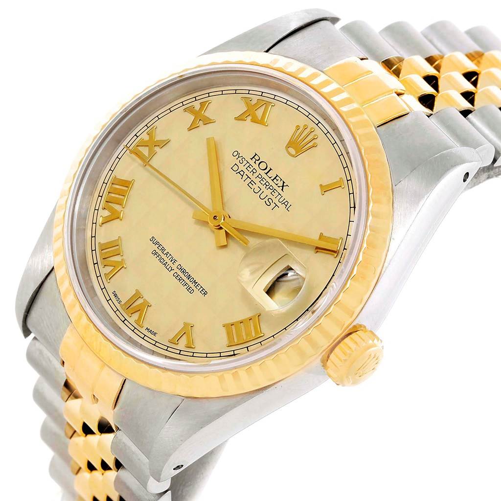 The image shows a close-up of a Rolex Datejust 16233 Men's Steel and Gold (two tone) Beige Dial 16233 Men's Steel and Gold (two tone) Beige Dial watch face, bezel, crown, and part of the two-tone bracelet at an oblique angle.