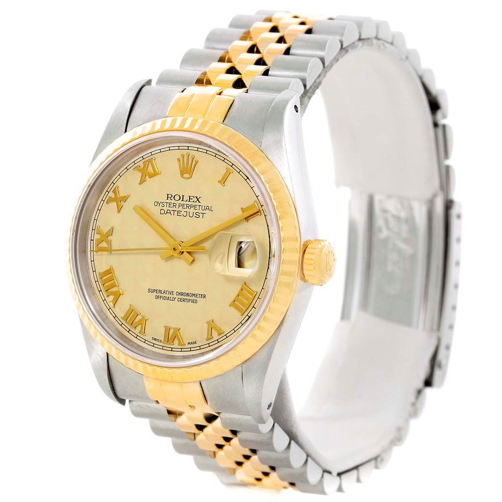 This image shows a front-left angled view of the Rolex Datejust 16233 Men's Steel and Gold (two tone) Beige Dial 16233 Men's Steel and Gold (two tone) Beige Dial watch, highlighting its dial, bezel, and part of the bracelet.