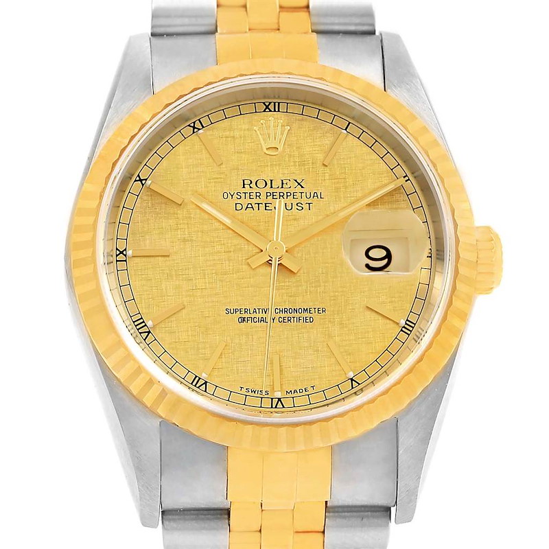 Rolex Datejust Steel Yellow Gold Linen Dial Mens Watch 16233 Unworn SwissWatchExpo