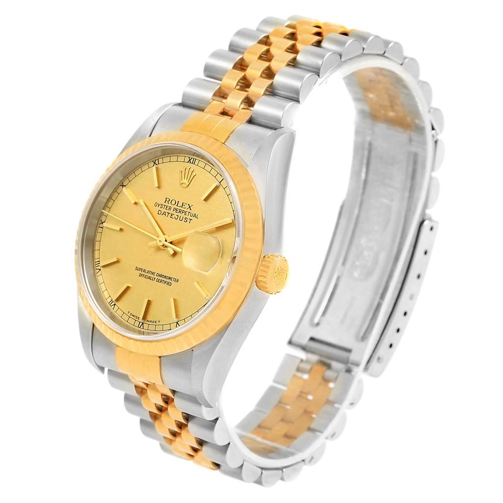 The Rolex Datejust 16233 Men's Steel and Gold (two tone) Champagne Dial 16233 Men's Steel and Gold (two tone) Champagne Dial watch is shown at a three-quarter angle, featuring the face, bezel, crown, and two-tone bracelet.