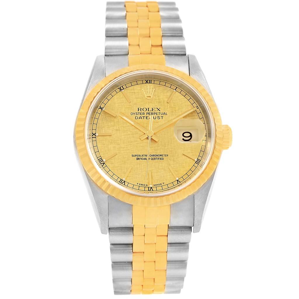 This Rolex Datejust 16233 Men's Steel and Gold (two tone) Champagne Dial 16233 Men's Steel and Gold (two tone) Champagne Dial model is shown from the front, featuring its dial, bezel, and two-tone bracelet.