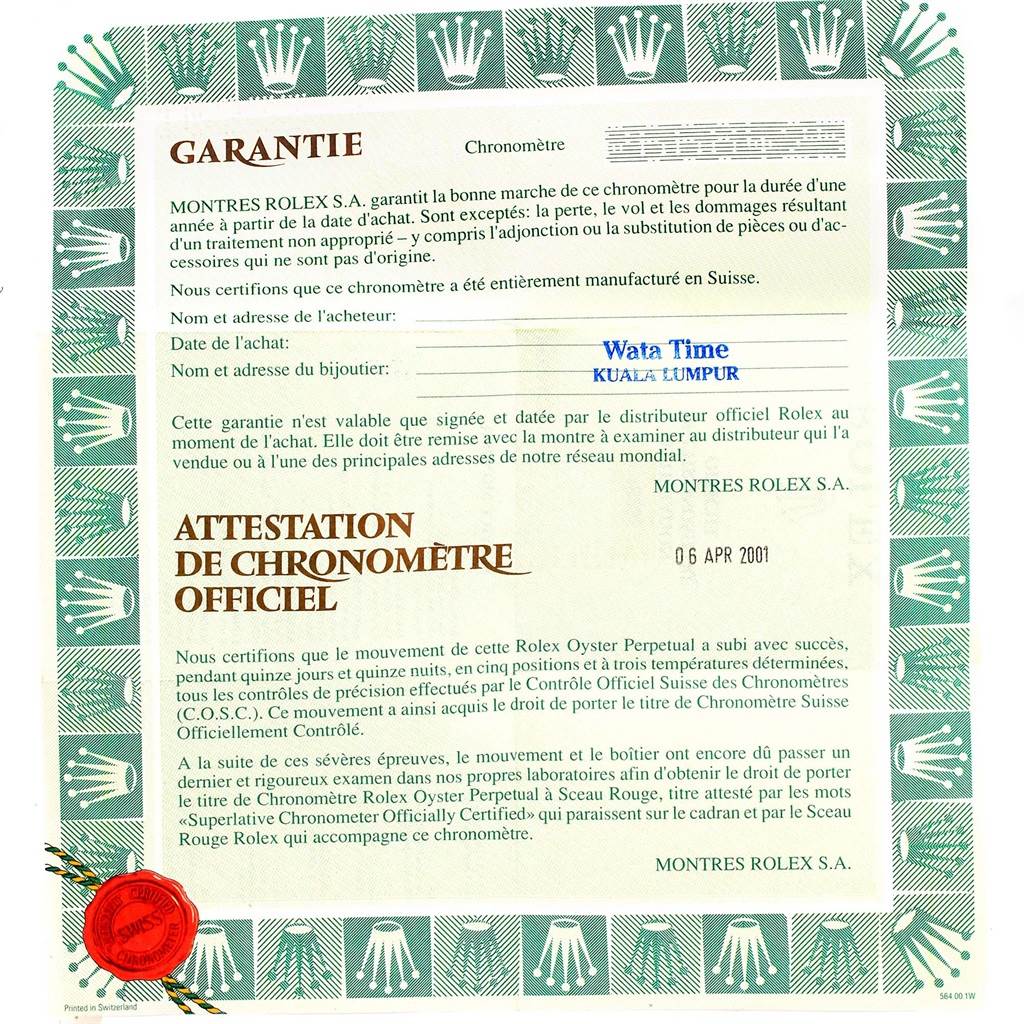 This image shows the certificate of guarantee and official chronometer certification for the Rolex Datejust 16233 Men's Steel and Gold (two tone) Champagne Dial 16233 Men's Steel and Gold (two tone) Champagne Dial model.