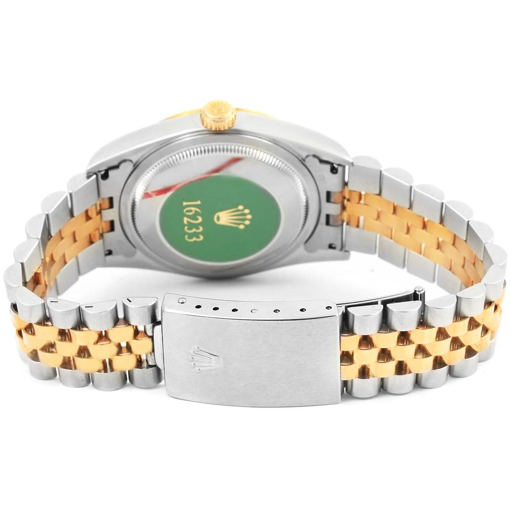 The image shows the back view of a Rolex Datejust 16233 Men's Steel and Gold (two tone) Champagne Dial 16233 Men's Steel and Gold (two tone) Champagne Dial watch, featuring the bracelet and closed clasp.
