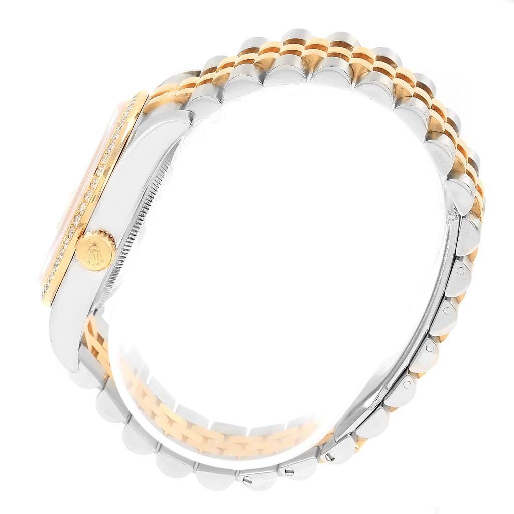 The image shows a side view of the Rolex Datejust 116243 Women's Stainless Steel Mother of Pearl Dial 116243 Women's Stainless Steel Mother of Pearl Dial watch, highlighting its bezel, crown, case, and two-tone bracelet.