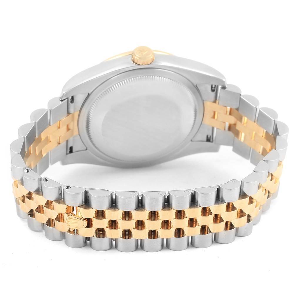 The image shows the back case and bracelet of a Rolex Datejust 116243 Women's Stainless Steel Mother of Pearl Dial 116243 Women's Stainless Steel Mother of Pearl Dial watch, highlighting its two-tone design.