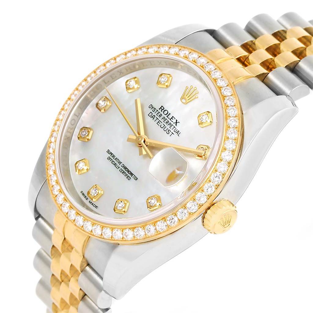 This image shows a close-up angle of the Rolex Datejust 116243 Women's Stainless Steel Mother of Pearl Dial 116243 Women's Stainless Steel Mother of Pearl Dial watch, highlighting its face, bezel, and a portion of the bracelet.
