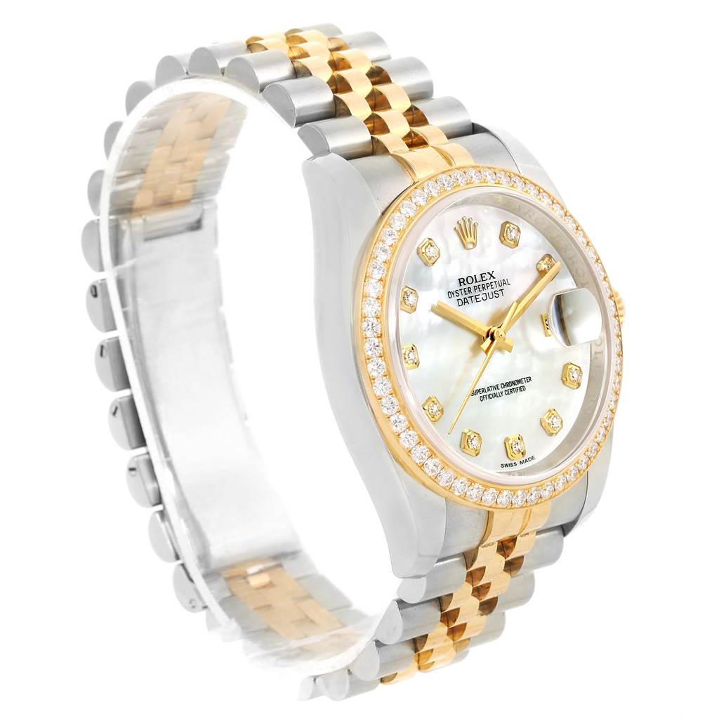 The image shows a Rolex Datejust 116243 Women's Stainless Steel Mother of Pearl Dial 116243 Women's Stainless Steel Mother of Pearl Dial watch at a 3/4 angle, displaying its face, bezel, and two-tone metal bracelet.
