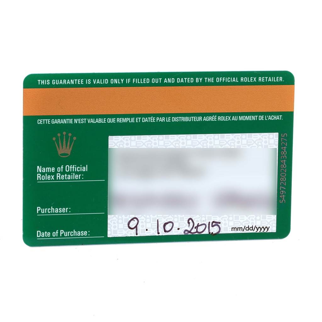 This image shows the guarantee card for a Rolex Datejust 116243 Women's Stainless Steel Mother of Pearl Dial 116243 Women's Stainless Steel Mother of Pearl Dial, including details such as retailer, purchaser, and date of purchase.