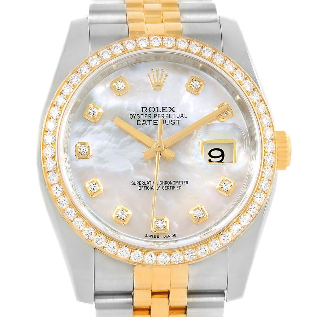 This image shows a frontal view of a Rolex Datejust 116243 Women's Stainless Steel Mother of Pearl Dial 116243 Women's Stainless Steel Mother of Pearl Dial watch, displaying the dial, bezel, and part of the bracelet.