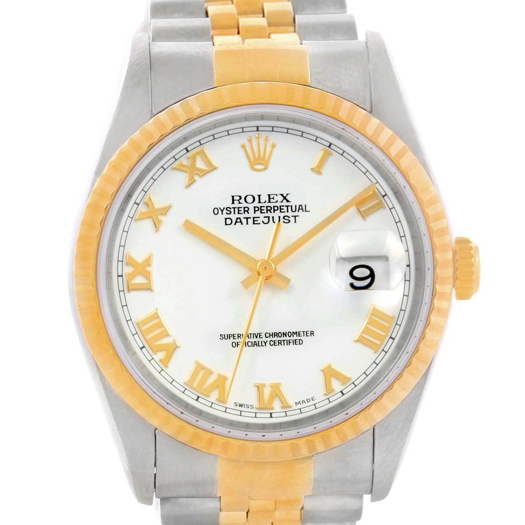 This is a front view of a Rolex Datejust 16233 Men's Steel and Gold (two tone) White Dial 16233 Men's Steel and Gold (two tone) White Dial watch, showing its white dial, gold Roman numerals, and two-tone bracelet.