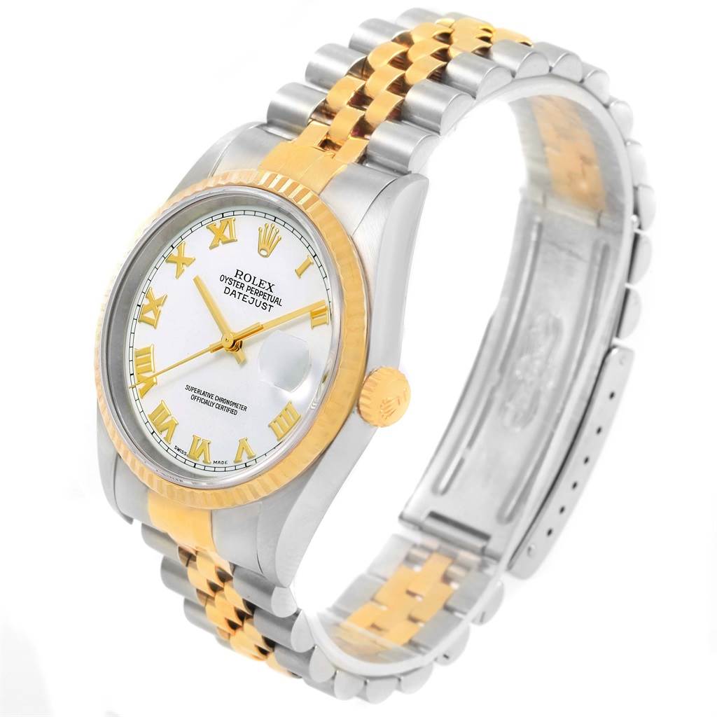 The Rolex Datejust 16233 Men's Steel and Gold (two tone) White Dial 16233 Men's Steel and Gold (two tone) White Dial watch is shown at a slightly tilted side angle, highlighting its two-tone bracelet, dial, and fluted bezel.