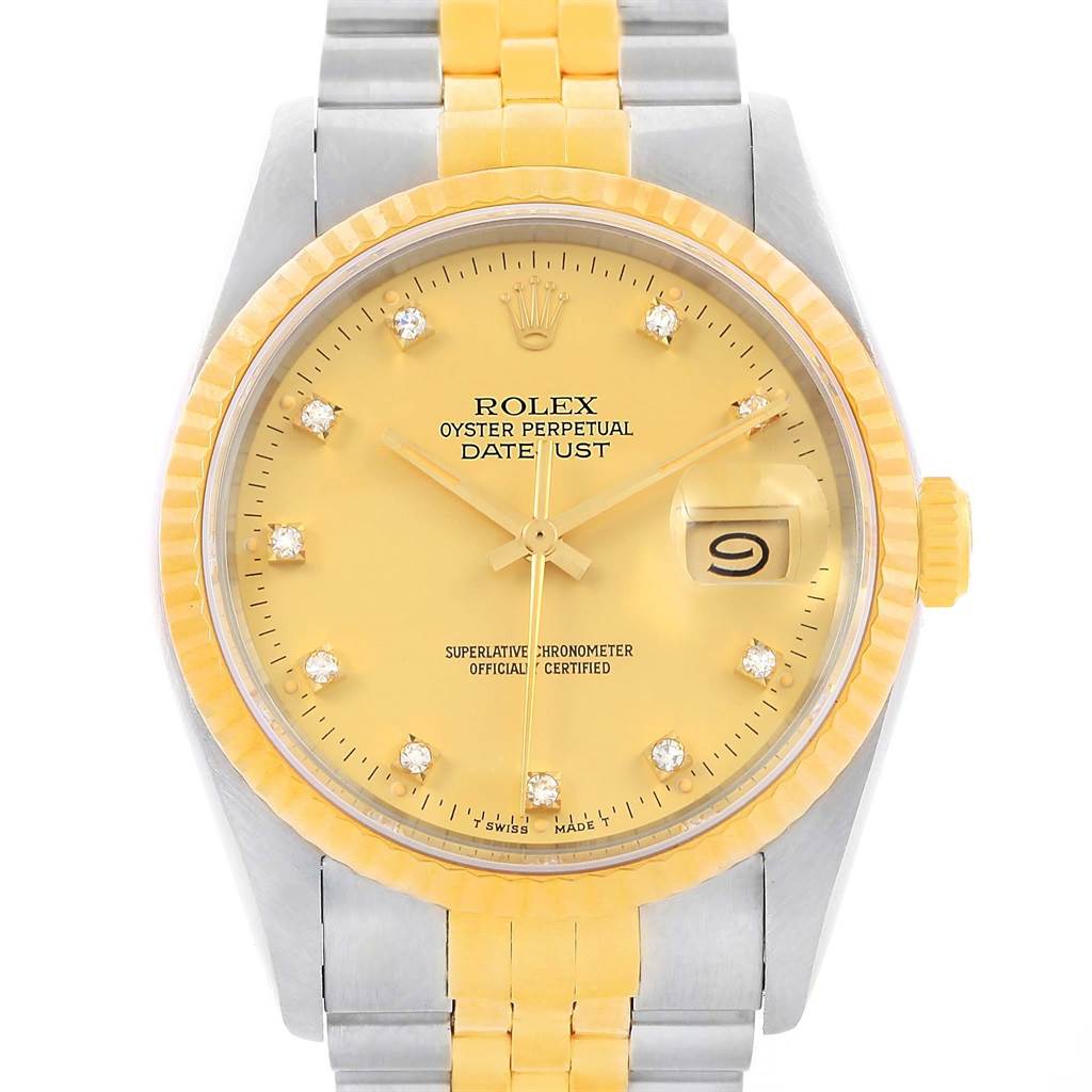 This image shows a front-facing view of a Rolex Datejust 16013 Men's Stainless Steel Champagne Dial 16013 Men's Stainless Steel Champagne Dial watch, highlighting its dial, bezel, crown, and bracelet.