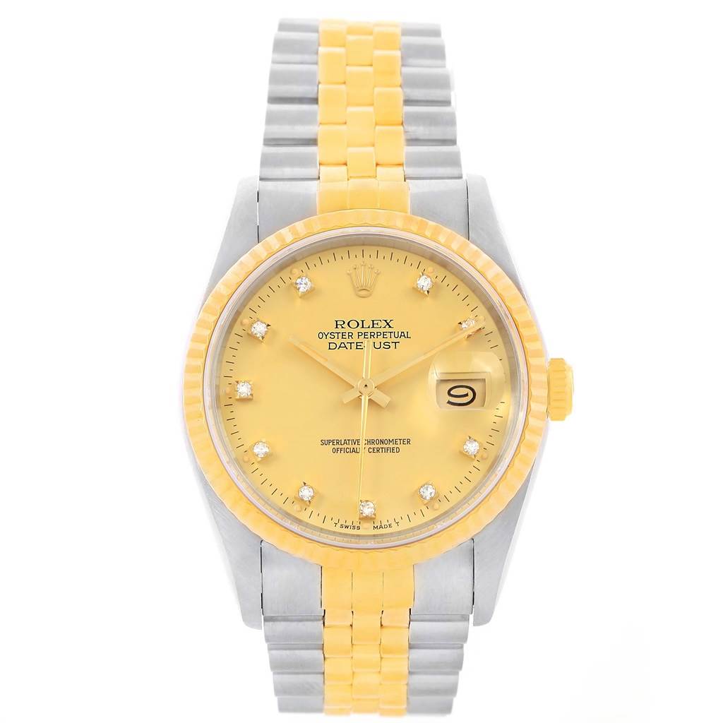 This Rolex Datejust 16013 Men's Stainless Steel Champagne Dial 16013 Men's Stainless Steel Champagne Dial watch is shown from the front, featuring the dial, bezel, crown, and bracelet.