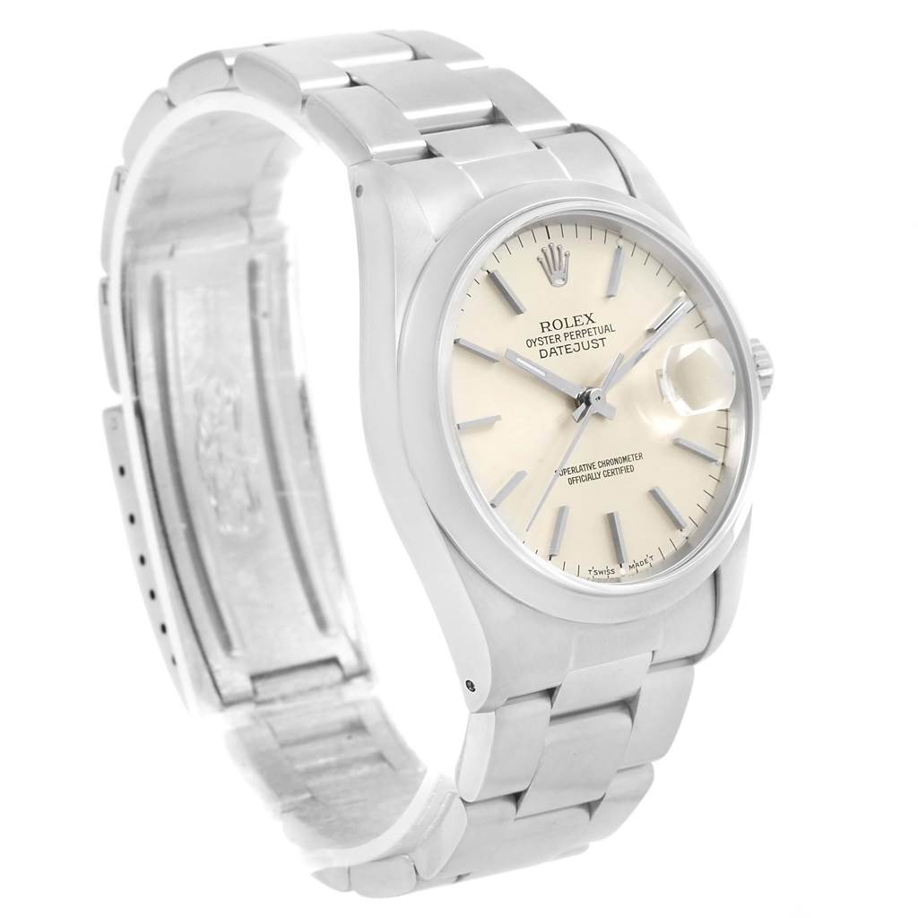 The Rolex Datejust 16200 Men's Stainless Steel Silver Dial 16200 Men's Stainless Steel Silver Dial watch is shown at a three-quarter angle, displaying the dial, bezel, and bracelet.