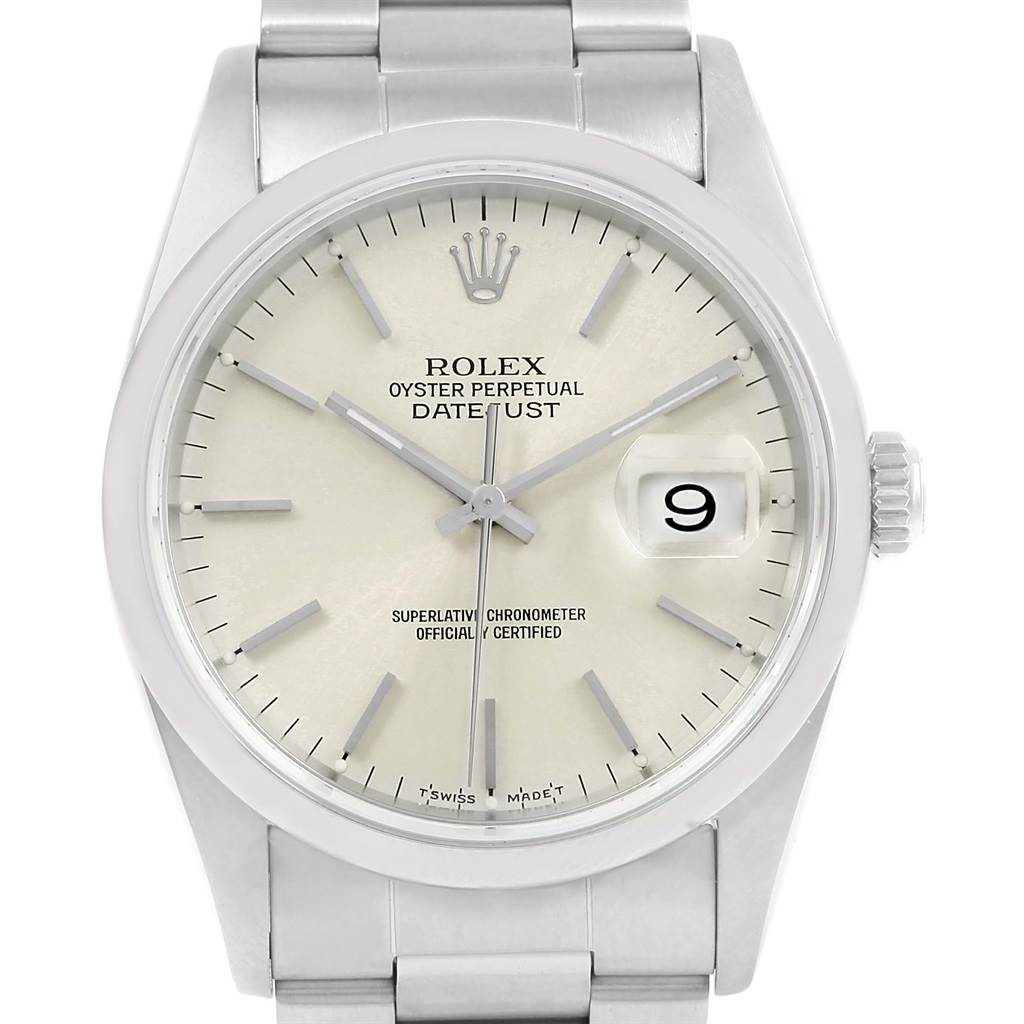 This image shows a front view of a Rolex Datejust 16200 Men's Stainless Steel Silver Dial 16200 Men's Stainless Steel Silver Dial watch, highlighting the dial, date window, crown, and part of the bracelet.