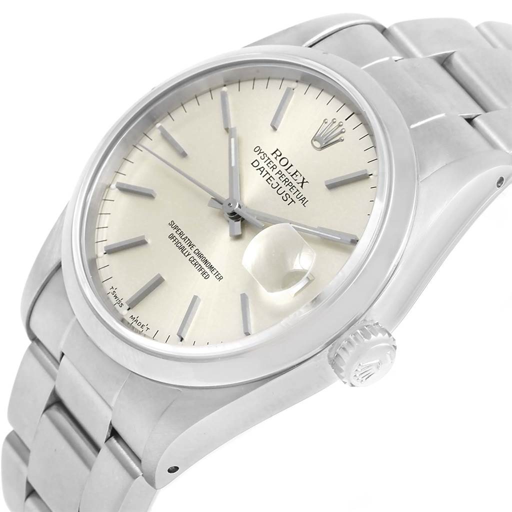 This image shows the face and part of the bracelet of a Rolex Datejust 16200 Men's Stainless Steel Silver Dial 16200 Men's Stainless Steel Silver Dial watch at a slight angle.