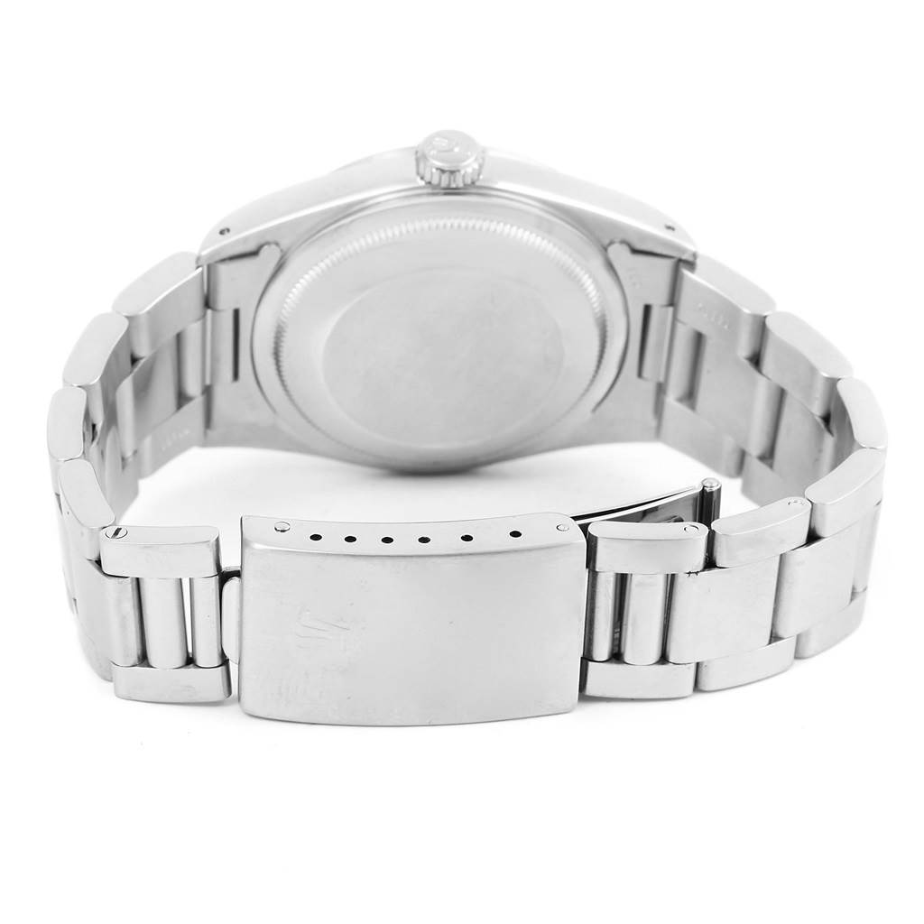 This image shows the back view of a Rolex Datejust 16200 Men's Stainless Steel Silver Dial 16200 Men's Stainless Steel Silver Dial watch, highlighting the case back, bracelet, and clasp.