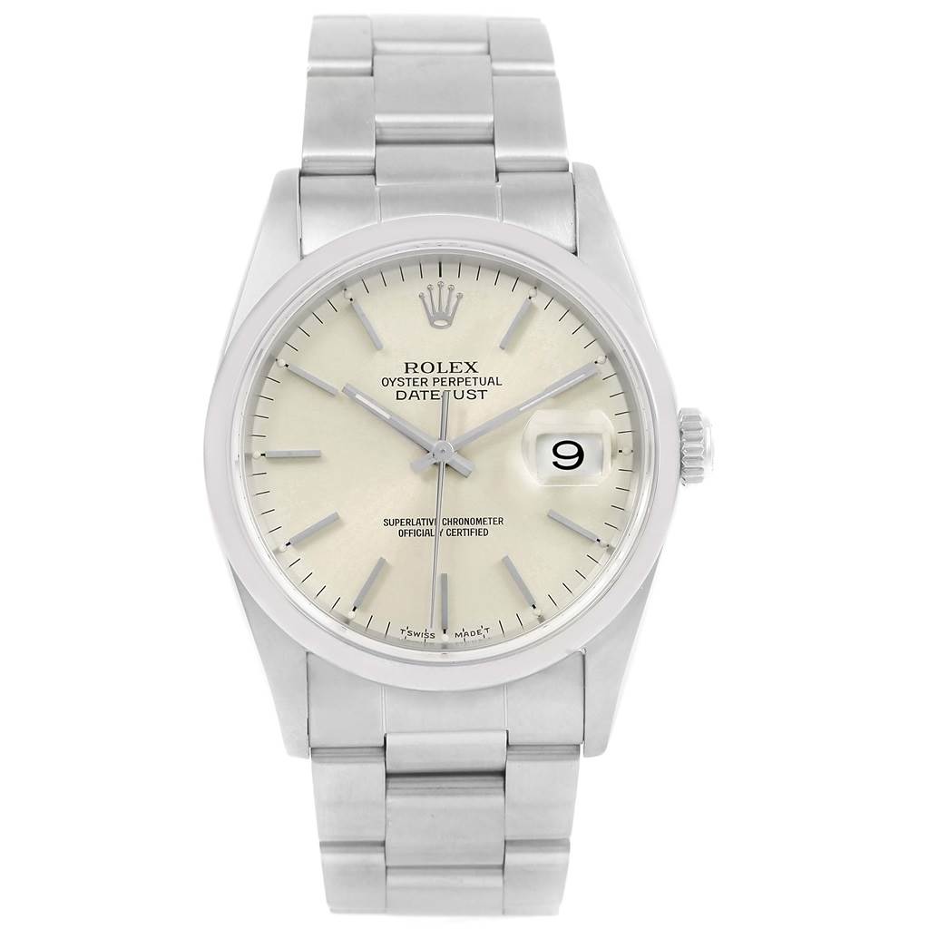 The Rolex Datejust 16200 Men's Stainless Steel Silver Dial 16200 Men's Stainless Steel Silver Dial watch is shown from a front angle, displaying the dial, hands, bracelet, and date window.