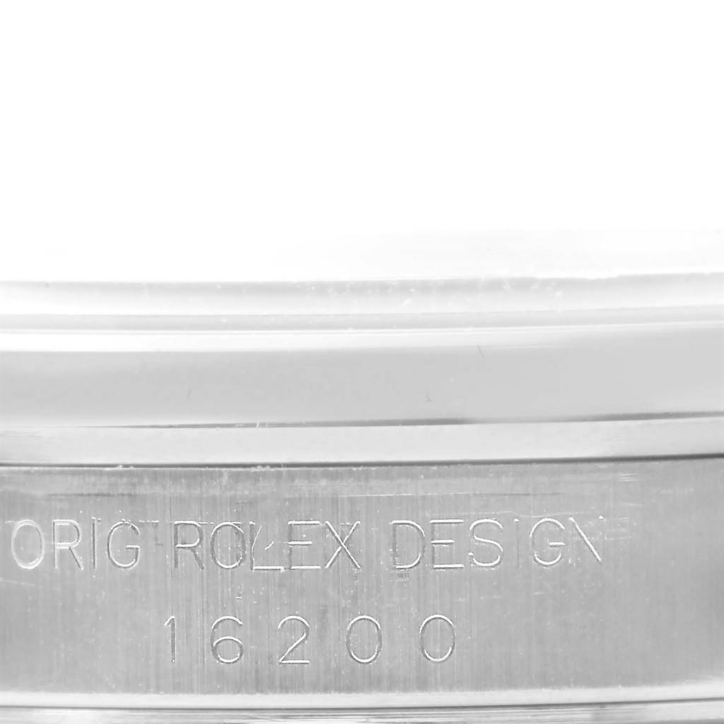 This image shows a close-up of the case side of a Rolex Datejust 16200 Men's Stainless Steel Silver Dial 16200 Men's Stainless Steel Silver Dial watch with the model number 16200 engraved.