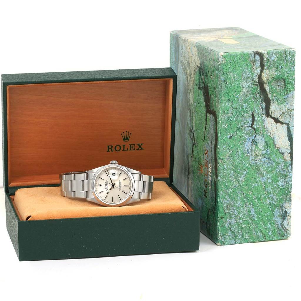 The image shows a Rolex Datejust 16200 Men's Stainless Steel Silver Dial 16200 Men's Stainless Steel Silver Dial watch placed in an open green and wooden Rolex box, with the outer packaging visible.