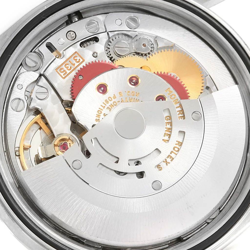 The image shows the internal movement mechanism of a Rolex Datejust 16200 Men's Stainless Steel Silver Dial 16200 Men's Stainless Steel Silver Dial watch from a close-up, angled top-down view.