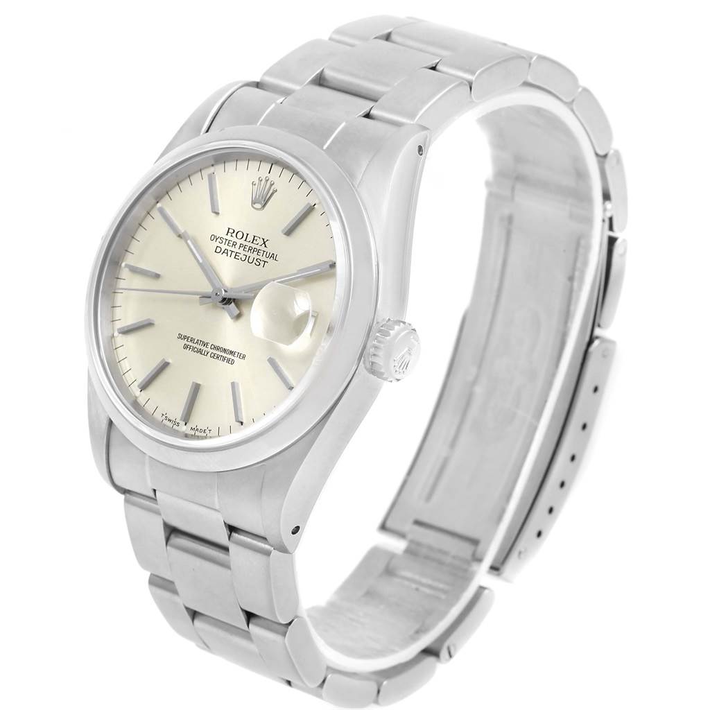 The image shows a Rolex Datejust 16200 Men's Stainless Steel Silver Dial 16200 Men's Stainless Steel Silver Dial watch from an angled side view, highlighting the dial, bracelet, and crown.