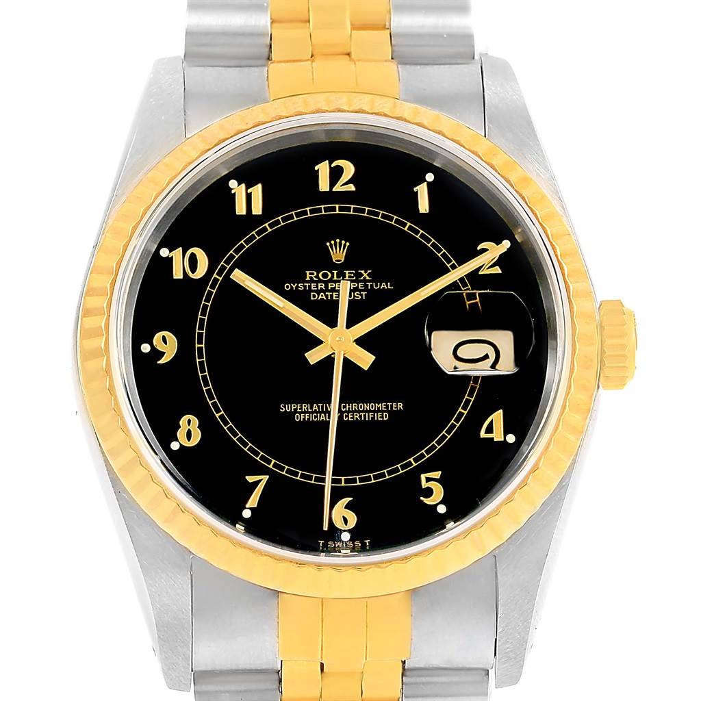 The image shows a front view of a Rolex Datejust 16233 Men's Steel and Gold (two tone) Black Dial 16233 Men's Steel and Gold (two tone) Black Dial watch, highlighting its black dial, gold bezel, and date window.