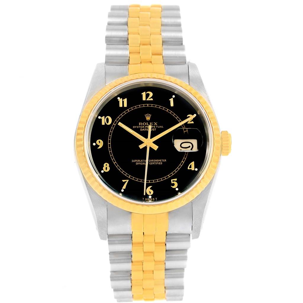 The image shows a Rolex Datejust 16233 Men's Steel and Gold (two tone) Black Dial 16233 Men's Steel and Gold (two tone) Black Dial watch from a front view, displaying its face, bezel, and two-tone bracelet.