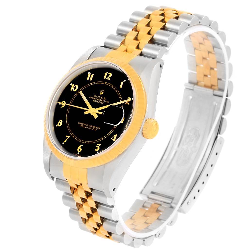 This Rolex Datejust 16233 Men's Steel and Gold (two tone) Black Dial 16233 Men's Steel and Gold (two tone) Black Dial watch is shown at an angle displaying the front face, side of the case, and part of the bracelet.
