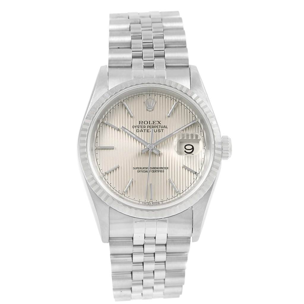 The image shows a front view of a Rolex Datejust 16234 Men's Stainless Steel Silver Dial 16234 Men's Stainless Steel Silver Dial watch displaying the dial, bezel, and bracelet.