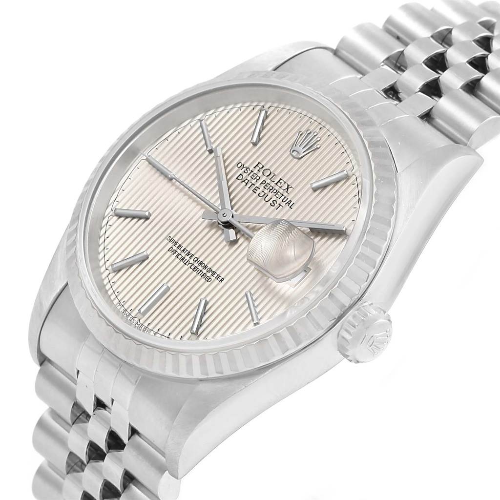 This is a close-up, angled view of the Rolex Datejust 16234 Men's Stainless Steel Silver Dial 16234 Men's Stainless Steel Silver Dial watch showing the dial, bezel, crown, and part of the bracelet.