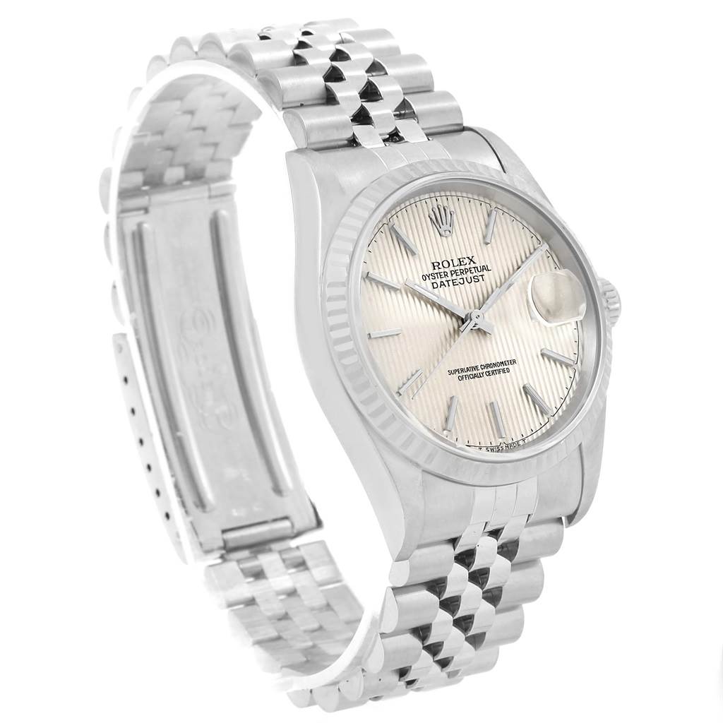 The image shows a Rolex Datejust 16234 Men's Stainless Steel Silver Dial 16234 Men's Stainless Steel Silver Dial watch from a front left angle, highlighting the dial, bezel, and bracelet.