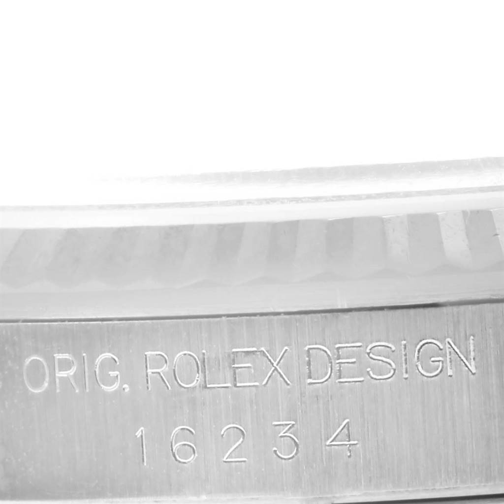 The image shows an engraved side view of a Datejust model by Rolex, specifically highlighting the serial number 16234 and "ORIG. ROLEX DESIGN" text.