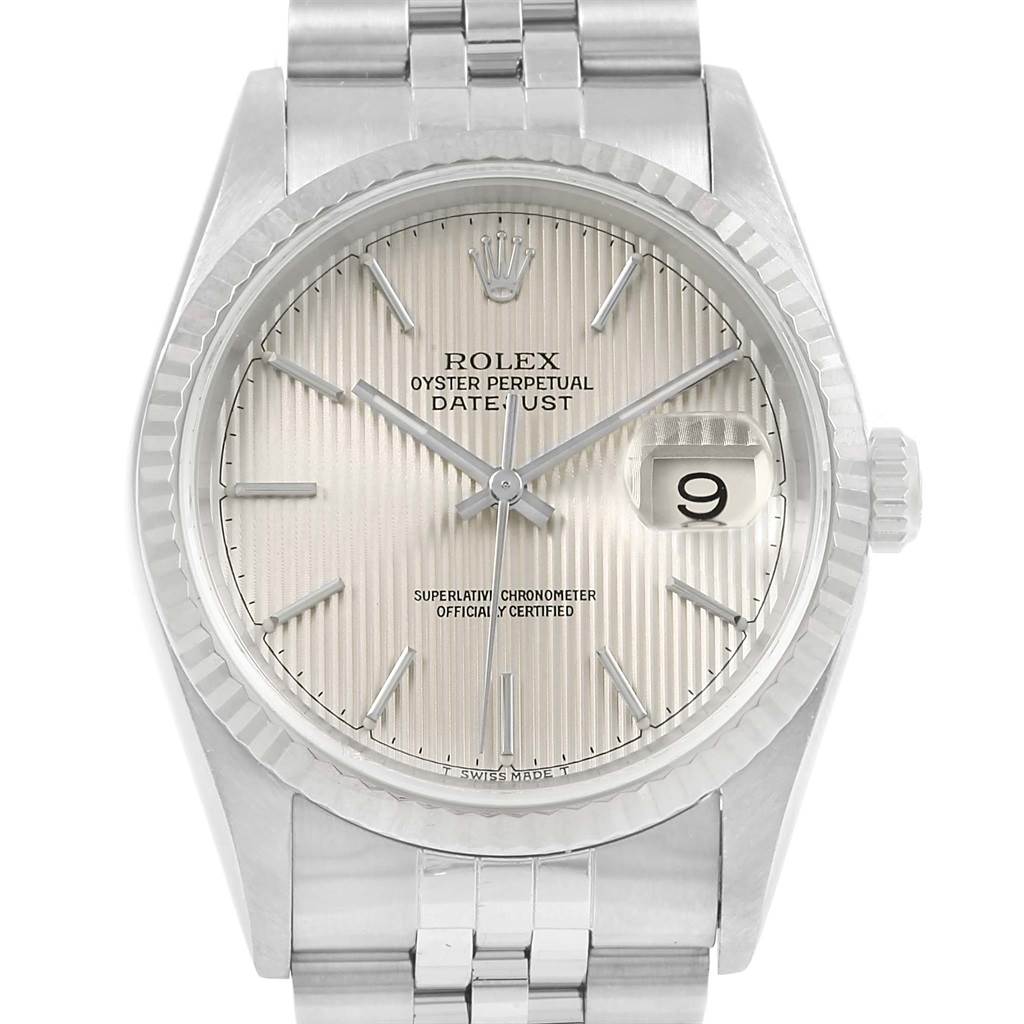 This image shows a frontal view of a Rolex Datejust 16234 Men's Stainless Steel Silver Dial 16234 Men's Stainless Steel Silver Dial watch, displaying the dial, hands, date window, and part of the bracelet.