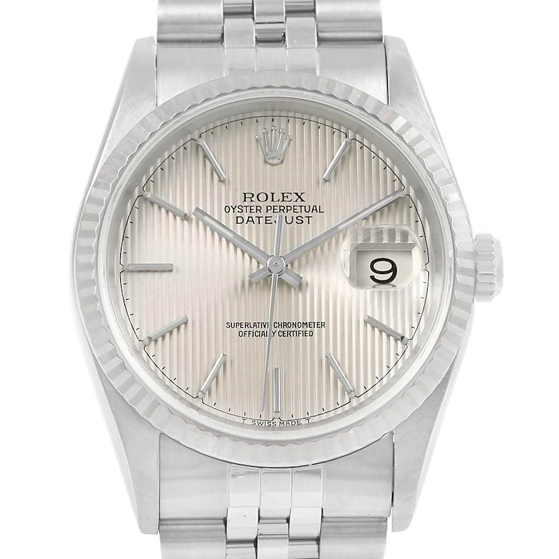 Rolex Datejust Silver Tapestry Dial Steel White Gold Mens Watch 16234 SwissWatchExpo
