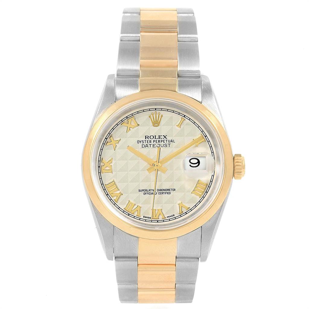 This image shows a front view of a Rolex Datejust 16203 Men's Steel and Gold (two tone) Beige Dial 16203 Men's Steel and Gold (two tone) Beige Dial watch, showcasing the dial, bracelet, and date display.