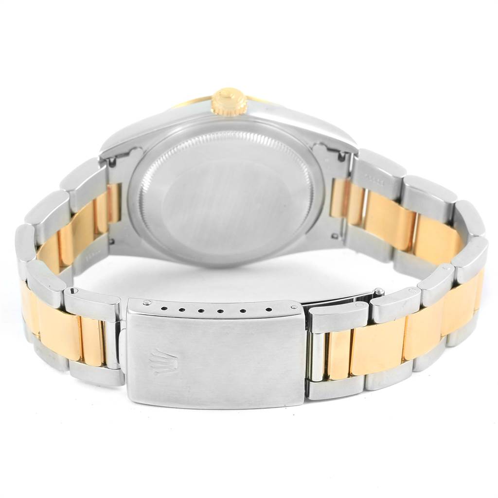 The image shows a rear view of a Rolex Datejust 16203 Men's Steel and Gold (two tone) Beige Dial 16203 Men's Steel and Gold (two tone) Beige Dial watch, including the case back, crown, and two-tone bracelet with clasp.