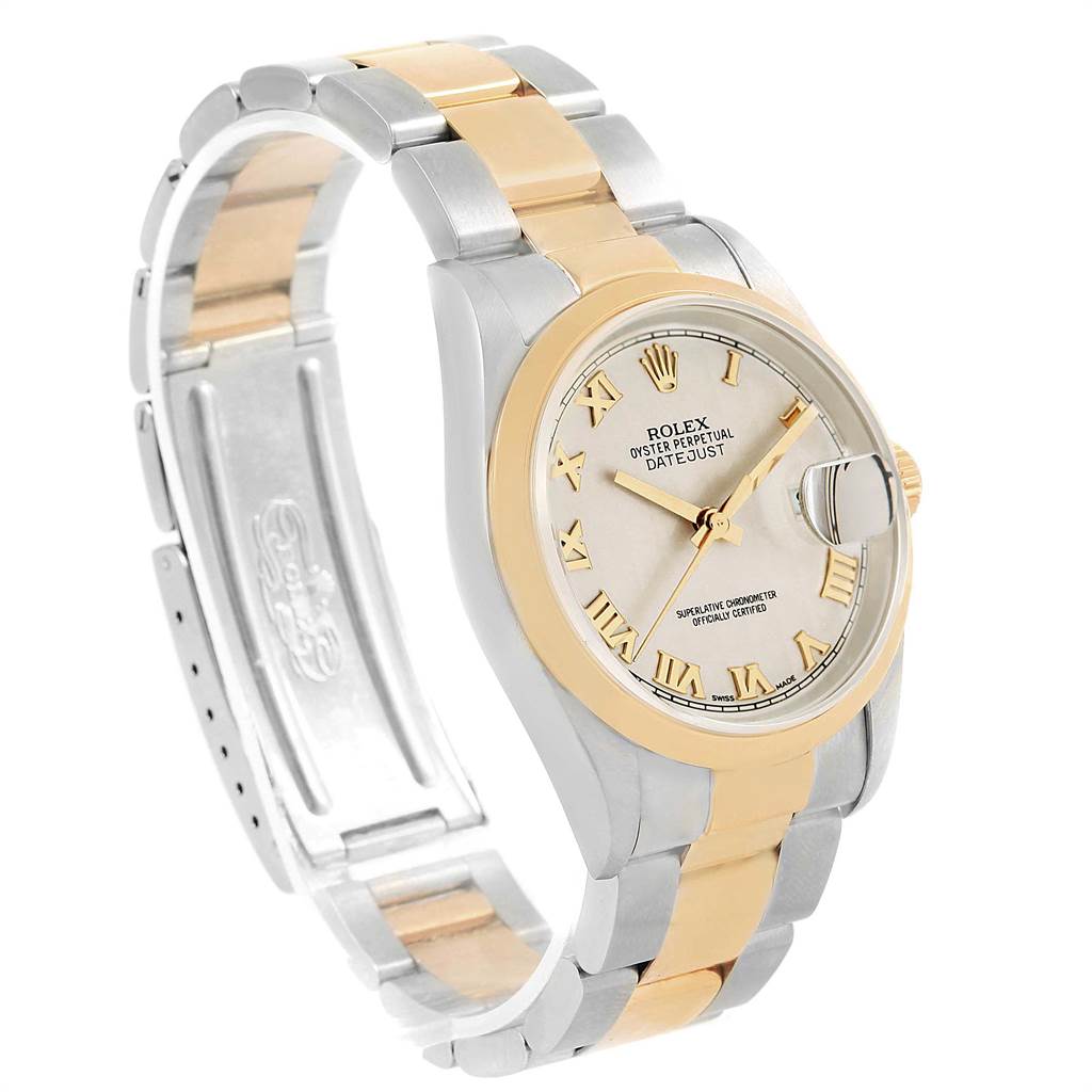 The Rolex Datejust 16203 Men's Steel and Gold (two tone) Beige Dial 16203 Men's Steel and Gold (two tone) Beige Dial watch is shown at an angle that highlights the dial, bezel, and bracelet.
