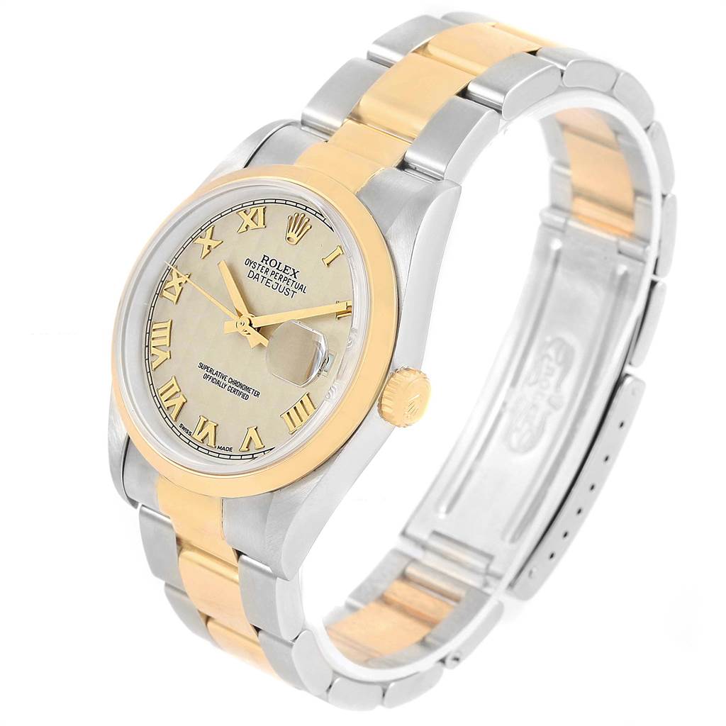 This image shows a Rolex Datejust 16203 Men's Steel and Gold (two tone) Beige Dial 16203 Men's Steel and Gold (two tone) Beige Dial watch at a three-quarter angle, highlighting the face, bracelet, and crown.