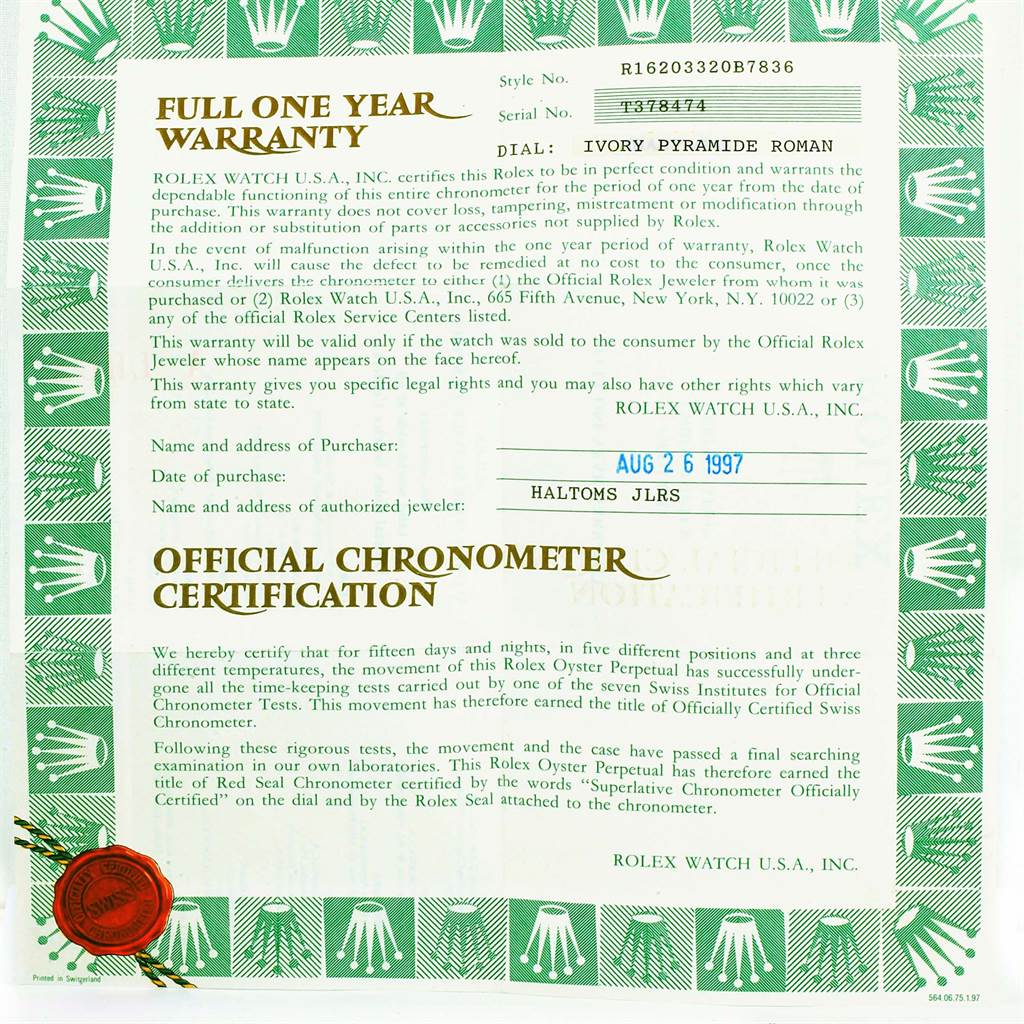 The image shows a Full One Year Warranty and Official Chronometer Certification documents for the Rolex Datejust 16203 Men's Steel and Gold (two tone) Beige Dial 16203 Men's Steel and Gold (two tone) Beige Dial model.