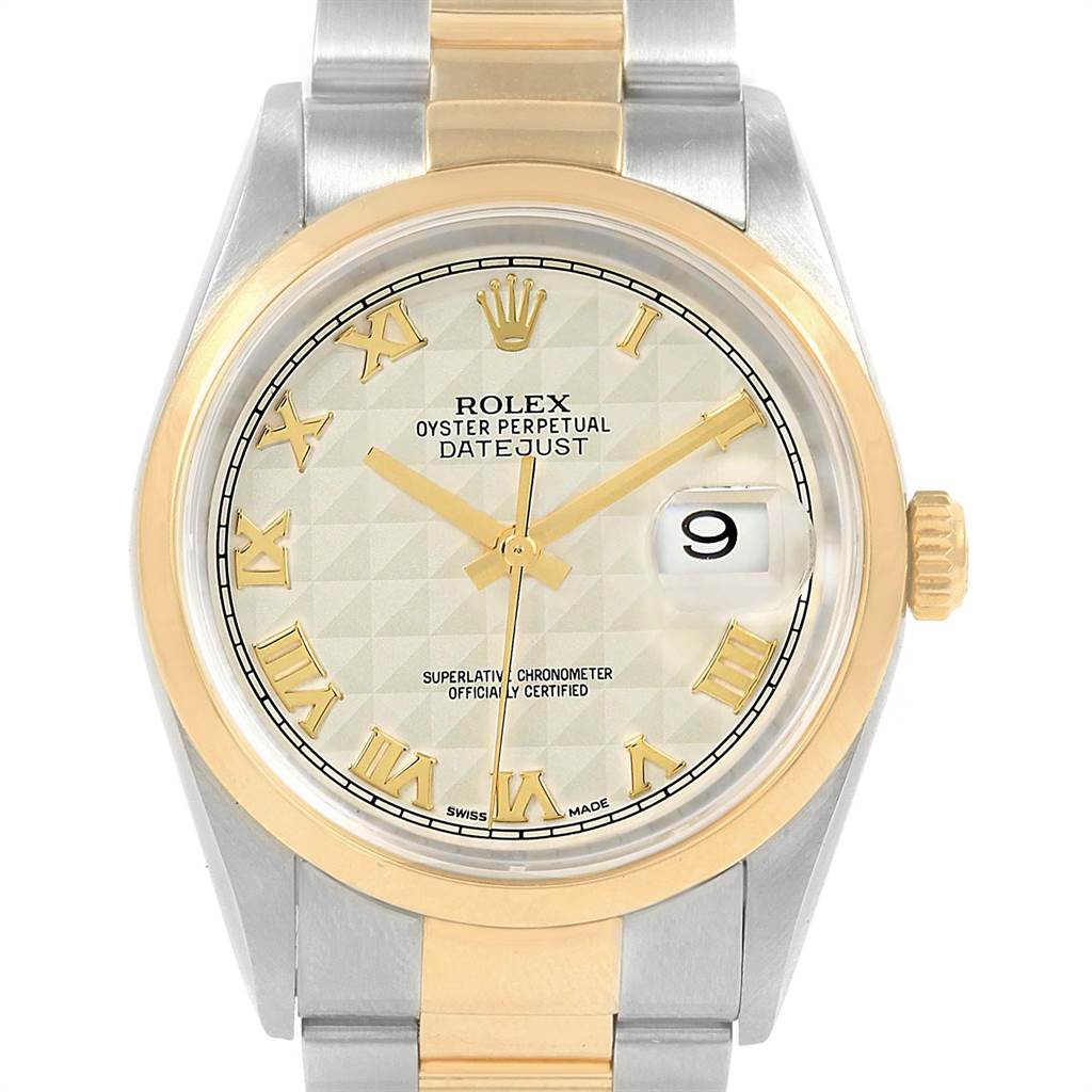 The Rolex Datejust 16203 Men's Steel and Gold (two tone) Beige Dial 16203 Men's Steel and Gold (two tone) Beige Dial watch is shown from a top-down angle, highlighting its face, bezel, and part of the band.