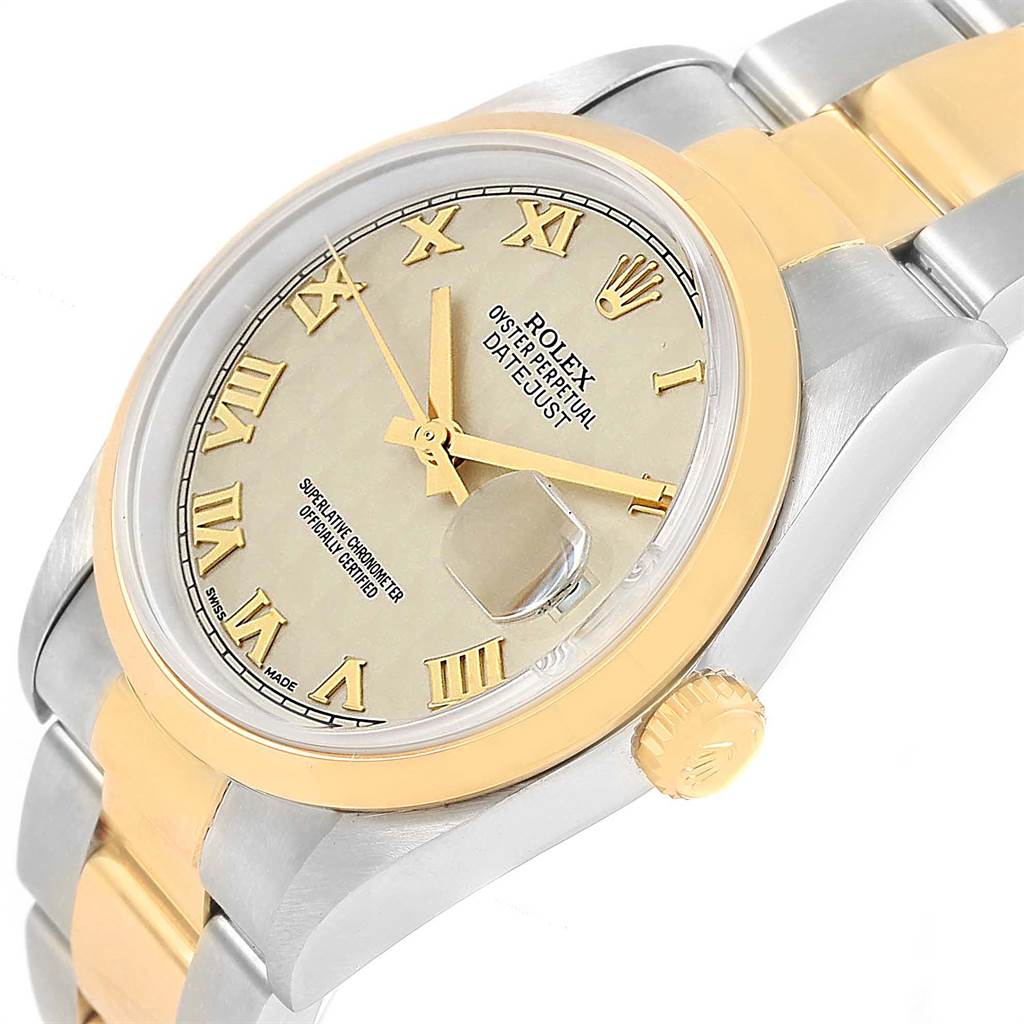 The image shows a Rolex Datejust 16203 Men's Steel and Gold (two tone) Beige Dial 16203 Men's Steel and Gold (two tone) Beige Dial watch at an oblique angle featuring the dial, bezel, crown, and part of the bracelet.